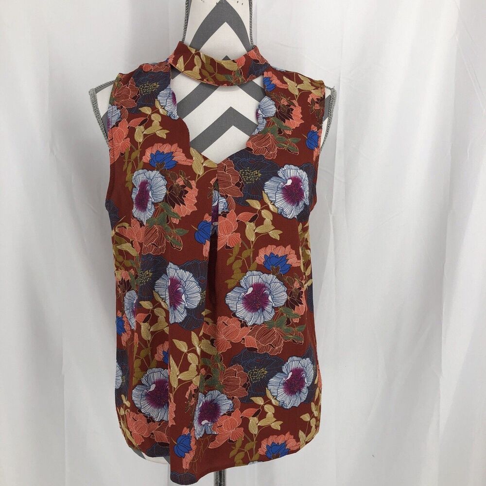 MONTEAU Los Angeles Womens Size Medium Sleeveless Keyhole Floral  Tank Top Shirt
